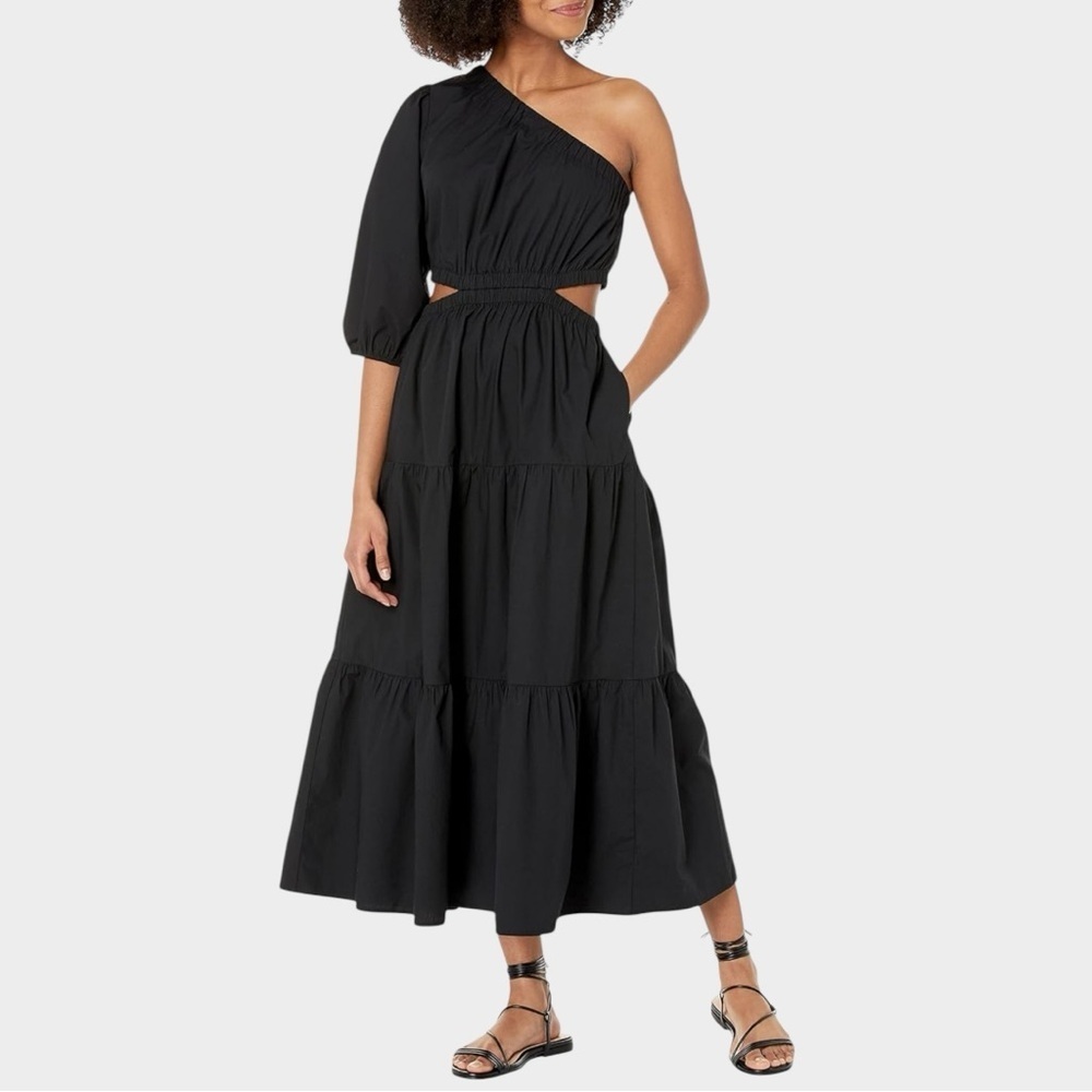 The Drop One Shoulder Cut-Out Tiered Midi Dress Large